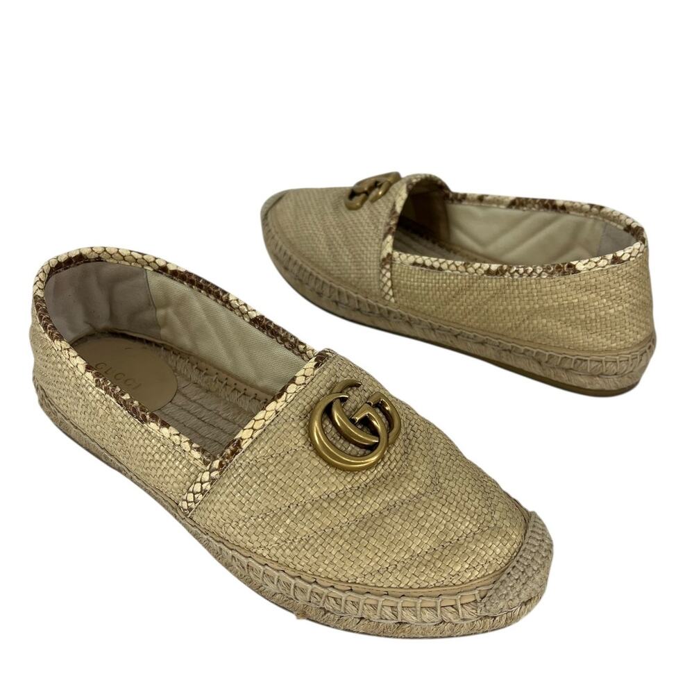 Gucci Beige Python and Raffia GG Marmont Espadrille Flats